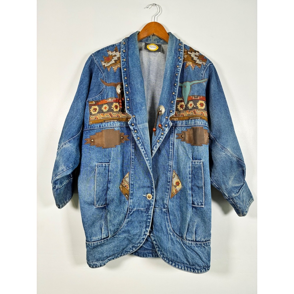 Vtg Designs Ltd Denim Jacket L Western Southwestern Tapestry Cowgirl Festival